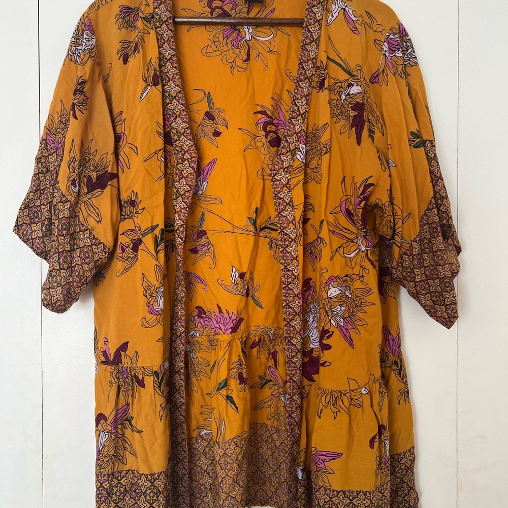 Elegant Golden Yellow and Pink Floral Kimono